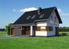 Красочный жилой дом под двускатной крышей декорированный натуральными материалами
