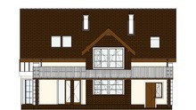 Схема стильного двухэтажного дома с эркером и просторной летней площадкой