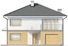 Проект двухэтажного дома с четырёхскатной крышей и удлиненным гаражом