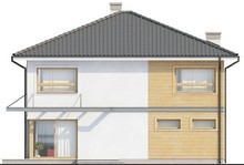 Проект двухэтажного дома с четырёхскатной крышей и удлиненным гаражом