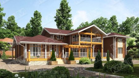 Проект 2х этажного загородного жилого дома с деревянным фасадом