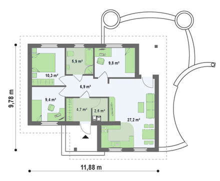 Проект небольшого одноэтажного коттеджа с тремя спальнями