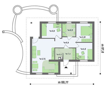 Проект небольшого одноэтажного коттеджа с тремя спальнями