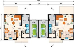 Проект коттеджа на две семьи со встроенным гаражом