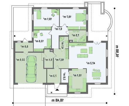 Проект просторного одноэтажного дома с гаражом для двух машин