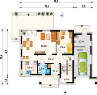 Красочный жилой дом под двускатной крышей декорированный натуральными материалами