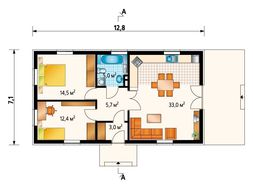 Проект интересного одноэтажного коттеджа с двумя спальнями