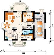 Проект для строительства симпатичного коттеджа с гаражом на 1 авто и эркером