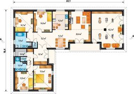 Одноэтажный дом из кирпича со стильными английскими окнами и ставнями