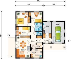 План дома площадью 118 кв. м с уютной гостиной и действующим камином.
