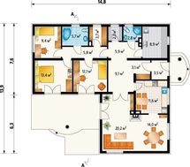 План европейского дома площадью 130 кв. м с открытой террасой фигурной формы