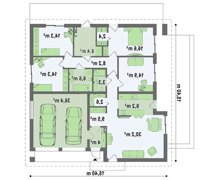 Проект одноэтажного коттеджа с 4 спальнями и гаражом