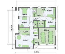 Проект одноэтажного коттеджа с 4 спальнями и гаражом