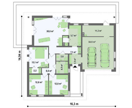 Проект функционального одноэтажного дома с гаражом для 2 автомобилей