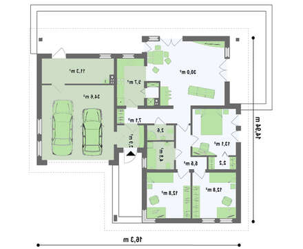 Проект функционального одноэтажного дома с гаражом для 2 автомобилей