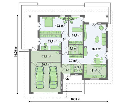 Проект уютного загородного дома с мансардой и гаражом для 2 автомобилей