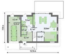 Проект стильного одноэтажного дома с мансардой и большим фронтальным окном