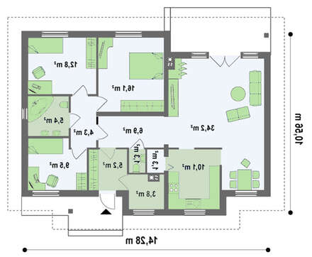 Проект 1 этажного дома с многоскатной крышей