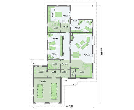 Проект одноэтажного дома для узкого участка с большим гаражом