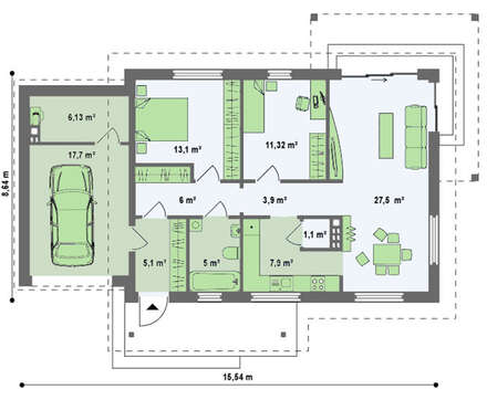 Проект комфортного классического одноэтажного коттеджа с гаражом