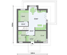 Проект небольшого аккуратного дачного коттеджа с мансардой и двускатной крышей