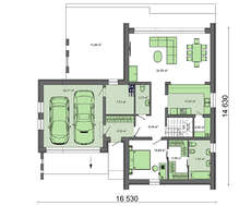Небольшой двухэтажный дом с панорамным окном в гостиной