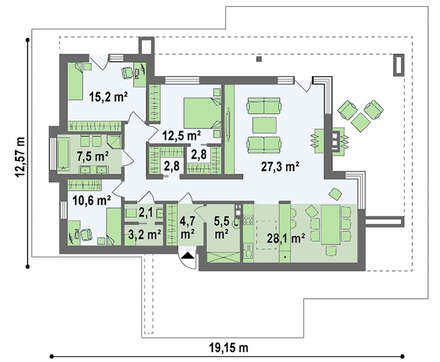 Одноэтажный модерновый коттедж для узкого участка