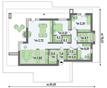 Одноэтажный модерновый коттедж для узкого участка