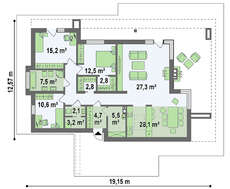 Одноэтажный модерновый коттедж для узкого участка