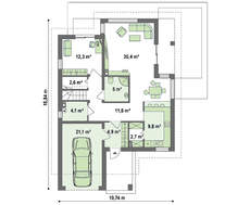 Проект коттеджа с многоскатной крышей и фронтальным гаражом