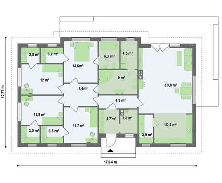 Классический одноэтажный коттедж с 4-мя спальнями