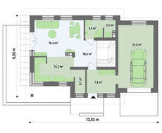 Проект коттеджа с гаражом, красивой мансардой и боковой террасой