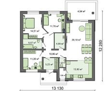 Проект одноэтажного дома с тремя спальнями и двускатной крышей