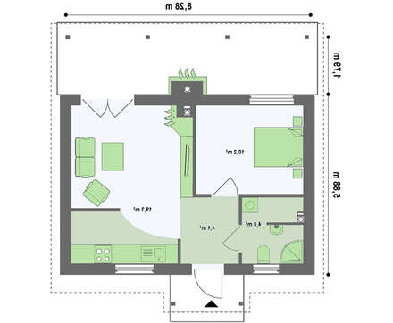 Проект небольшого бюджетного одноэтажного коттеджа с деревянным фасадом