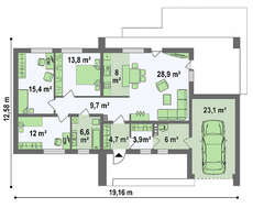 Проект одноэтажного классического коттеджа для узкого участка