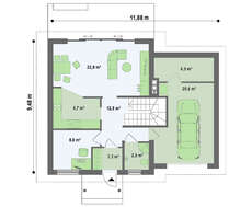 Проект одноэтажного коттеджа с мансардой, гаражом и зеленой крышей