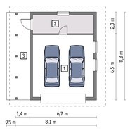 Проект компактного гаража на 2 авто с навесом