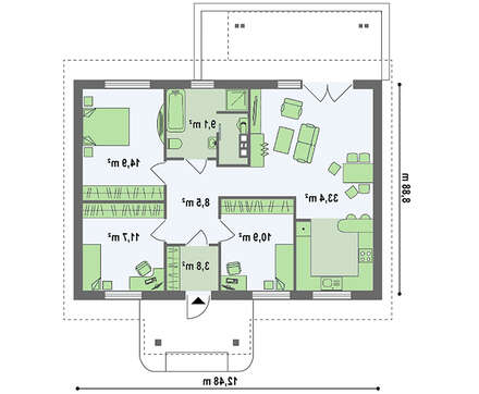 Проект простого одноэтажного коттеджа, выполненного в классическом стиле с двускатной кровлей