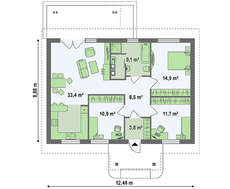 Проект простого одноэтажного коттеджа, выполненного в классическом стиле с двускатной кровлей