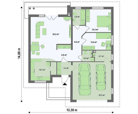 Проект большого одноэтажного дома с гаражом для двух авто