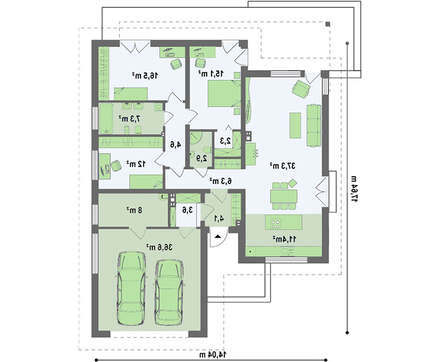 Проект одноэтажного коттеджа со сдвоенным фронтальным гаражом