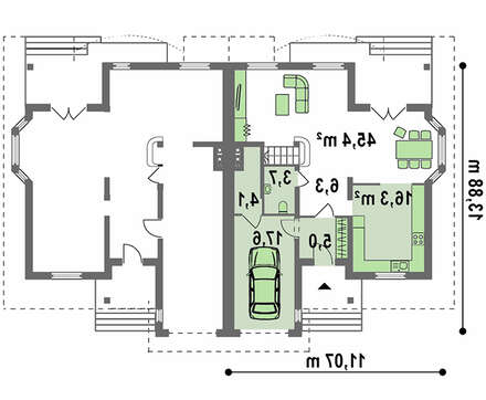 Проект дома на две семьи с гаражом и чердаком Проект дома на две семьи с гаражом и чердаком