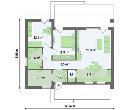 Проект одноэтажного коттеджа с небольшим чердаком