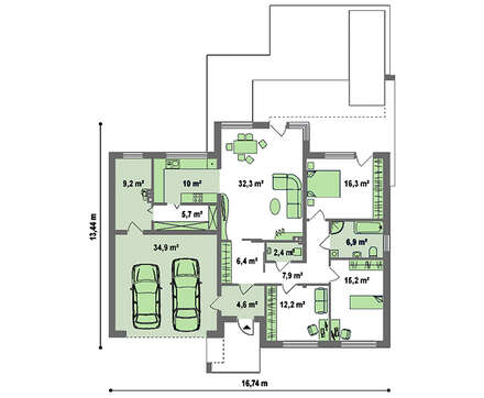Проект современного коттеджа с плоской крышей и гаражом для двух авто