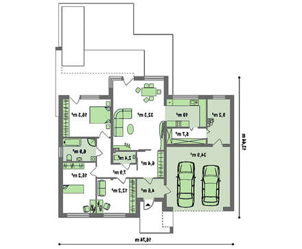 Проект современного коттеджа с плоской крышей и гаражом для двух авто