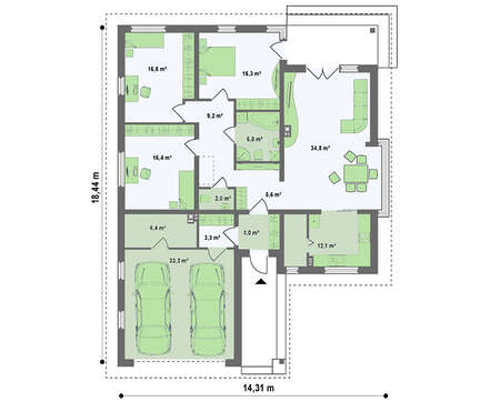 Проект одноэтажного дома с гаражом и кирпичным фасадом