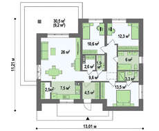 Проект небольшого уютного одноэтажного коттеджа площадью 109 кв.м.