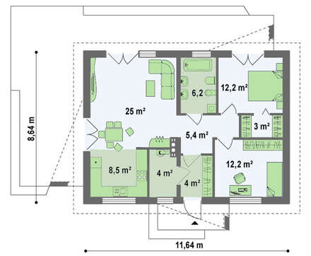 Проект классического одноэтажного загородного коттеджа с мансардой и двускатной крышей