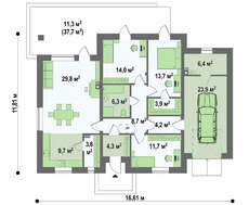 Проект классического 1 этажного коттеджа с гаражом площадью 151 кв.м