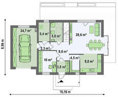 Проект коттеджа с мансардой и гаражом для 1 авто площадью 194 кв.м.